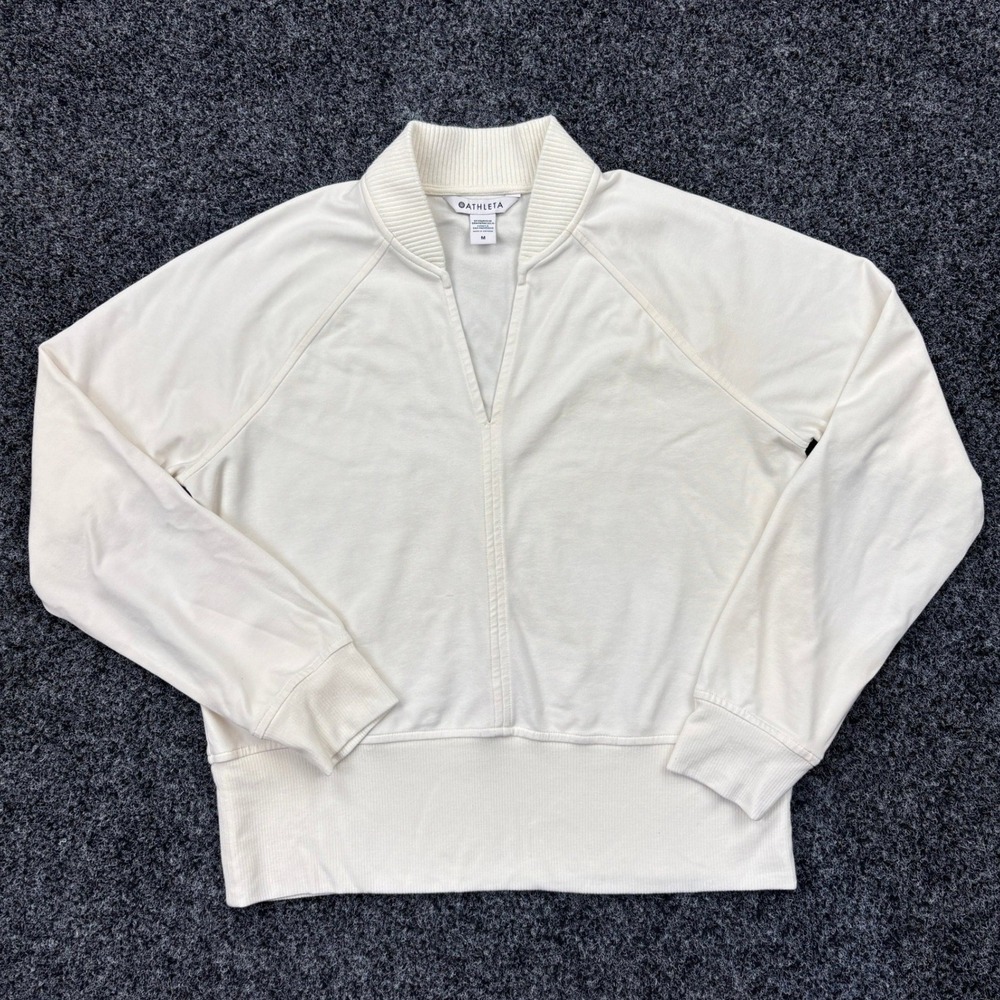 Athleta Cream Ribbed V-Neck Pullover Sweatshirt Womens Medium Off White Bomber